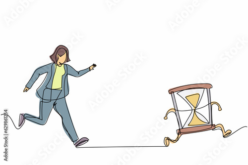 Single one line drawing businesswoman run chasing try to catch hourglass. Concept of stress, angry, burnout, deadlines, depression. Business metaphor. Continuous line draw design vector illustration © Simple Line