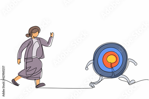 Continuous one line drawing businesswoman run chasing try to catch big dart target. Office worker running after her career goal. Business metaphor. Single line draw design vector graphic illustration