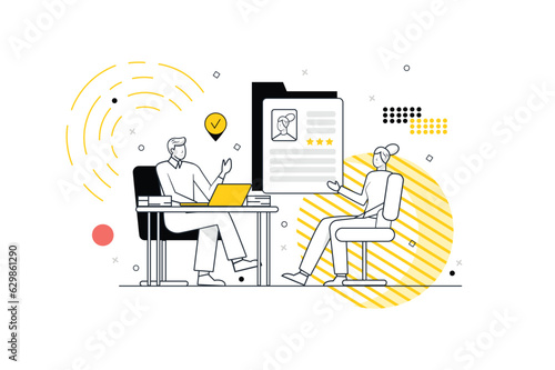 HR manager concept with people scene in the flat line cartoon style. The manager interviews potential job candidates. Vector illustration.