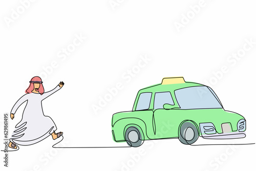 Continuous one line drawing Arab businessman running chasing taxi. Arabian manager in a hurry running to get a car, move with great haste to catch public transportation. Single line draw design vector