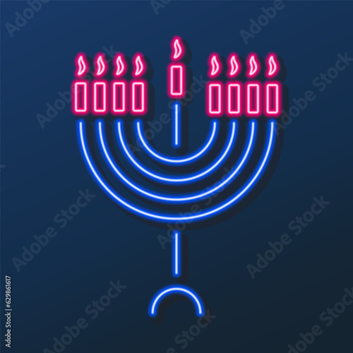 Hanukkah neon sign, modern glowing banner design, colorful modern design trends on black background. Vector illustration.
