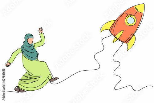 Continuous one line drawing Arab businesswoman running chasing rocket take off. Starting new business project. Flying to growth and success career. Single line draw design vector graphic illustration photo