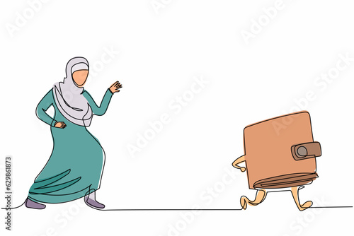 Single continuous line drawing Arab businesswoman chasing wallet. Purse for save money dollar cash. Shopping, market, buying, paying, finance concept. One line draw graphic design vector illustration
