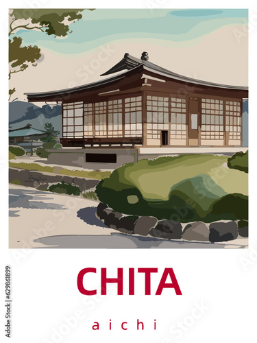 Chita: Retro tourism poster with a Japanese scene and the headline Chita in Aichi