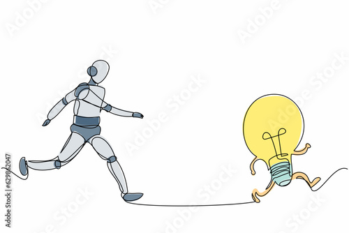 Continuous one line drawing robot chasing light bulb. Innovation for new business ideas. Humanoid robot cybernetic organism. Future robotic development. Single line design vector graphic illustration