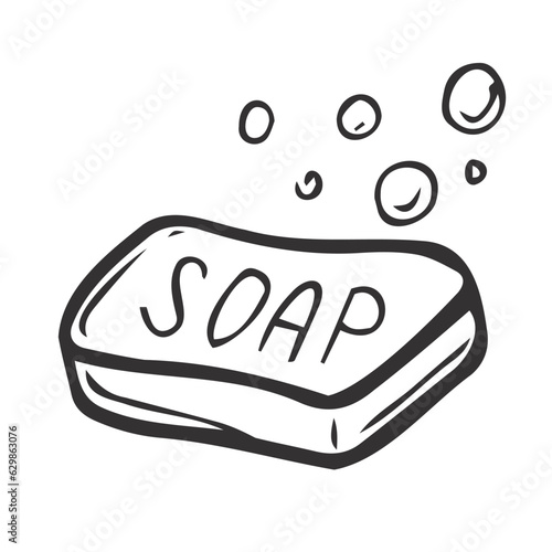 Soap with foam and bubbles isolated on white background. A body wash and personal hygiene product. Vector hand-drawn illustration in doodle style. Perfect for cards, decorations, logo, various design