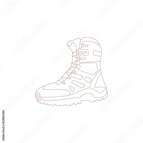 Footwear. Drawn elements for camping and hiking. Wilderness survival, travel, hiking, outdoor recreation, tourism.