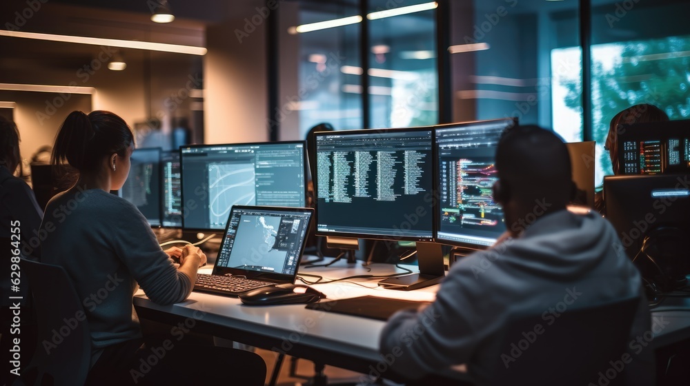 A scene showcasing a team of software developers coding, generative ai A scene showcasing a team of software developers coding, generative ai