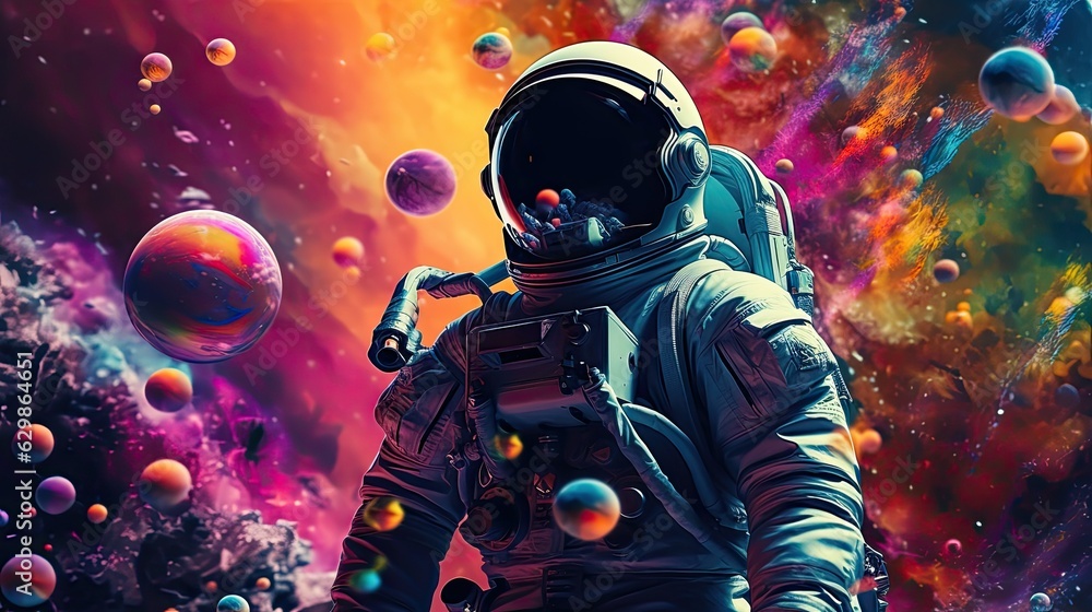 Beautiful painting of an astronaut in in a colorful bubbles galaxy on a different planet pop art concept, generative ai Beautiful painting of an astronaut in in a colorful bubbles galaxy on a different planet pop art concept, generative ai