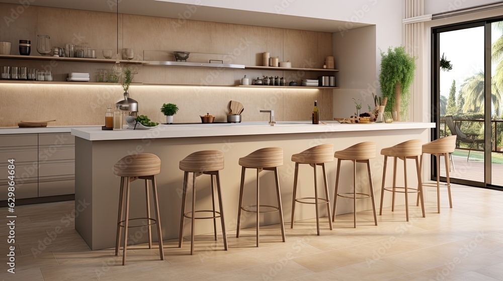 beige cooking interior bar chairs countertop, generative ai