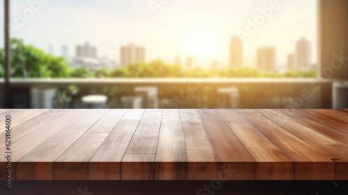 Beautiful empty brown wooden table top and blurred defocused modern kitchen interior background with daylight flare product montage display, generative ai