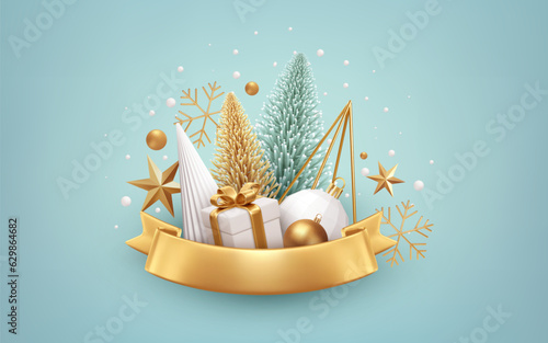 Festive Christmas 3d realistic Background. Gold, white Christmas Tree Decorations. Elements for Design Christmas card, poster, banner. Vector Illustration
