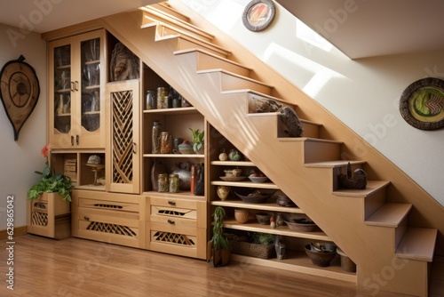 custom-built storage cabinets under stairs