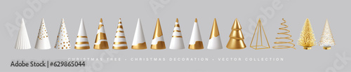 3d Gold White Realistic Christmas Trees Isolated on Background. Christmas decoration for Postcard, Poster, Banner, Website. Vector Illustration