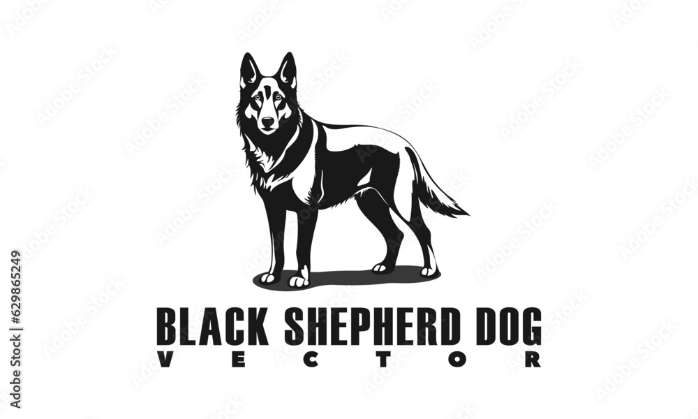 Vector graphic standing black shepherd dog breed. Service friendly dog. White isolated background.