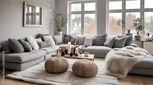 cozy gray living room scandinavian boho, generative ai