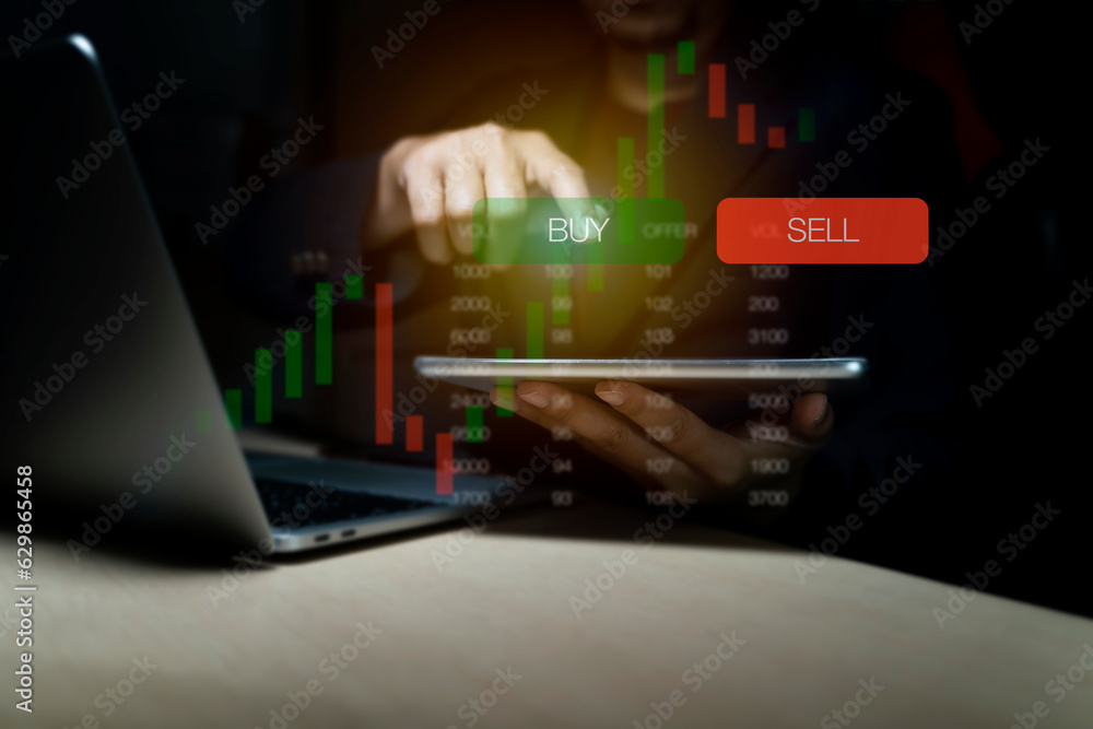 Business finance technology and investment concept. Stock Market Investments Funds and Digital Assets. businessman analyzing forex trading graph financial data. Business finance background.