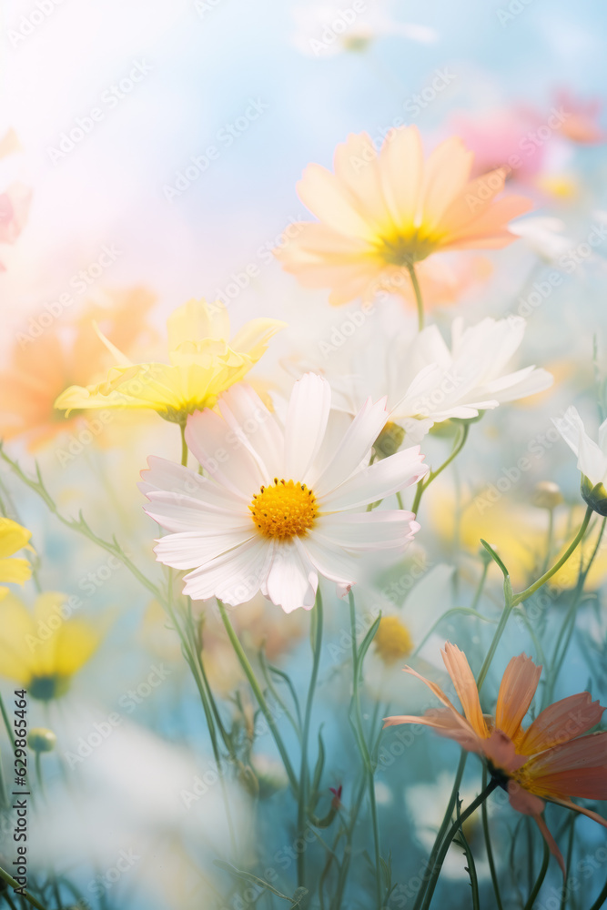 Floral background, bright and airy, pastel colors. Spring meadow flowers, floral wallpaper. AI generative, illustration