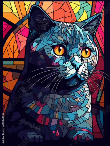 British shorthair cat in stained glass window art style