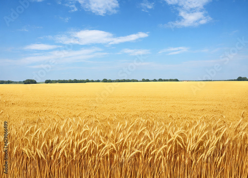 Field with wheat. Blue sky. Road