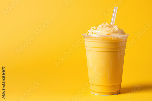 Mango smoothie milkshake in plastic takeaway cup isolated on yellow background with copy space