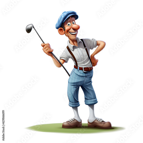 illustration of a golfer holding up club and smiling at the camera on a blue background styled like a 3d figurine, clay like properties 