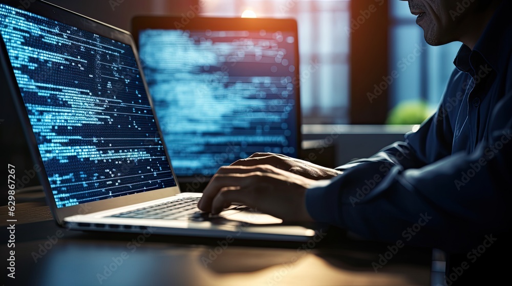 Software development concept coding programmer software engineer working on laptop with javascript computer code on virtual screen internet of things iot digital technology, generative ai Software development concept coding programmer software engineer working on laptop with javascript computer code on virtual screen internet of things iot digital technology, generative ai