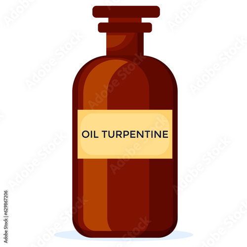 Turpentine oil in dark glass bottle isolated on white background cartoon vector illustration.