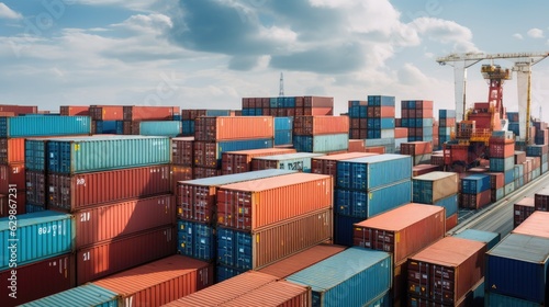 Rows of cargo containers rest atop massive container ships docked at an industrial port, generative ai