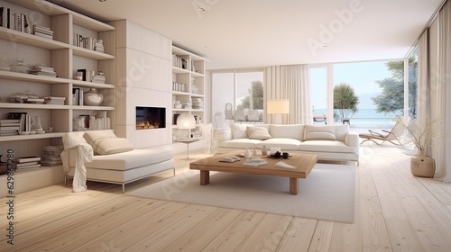 spacious white wooden living room modern, generative ai © Creative Station