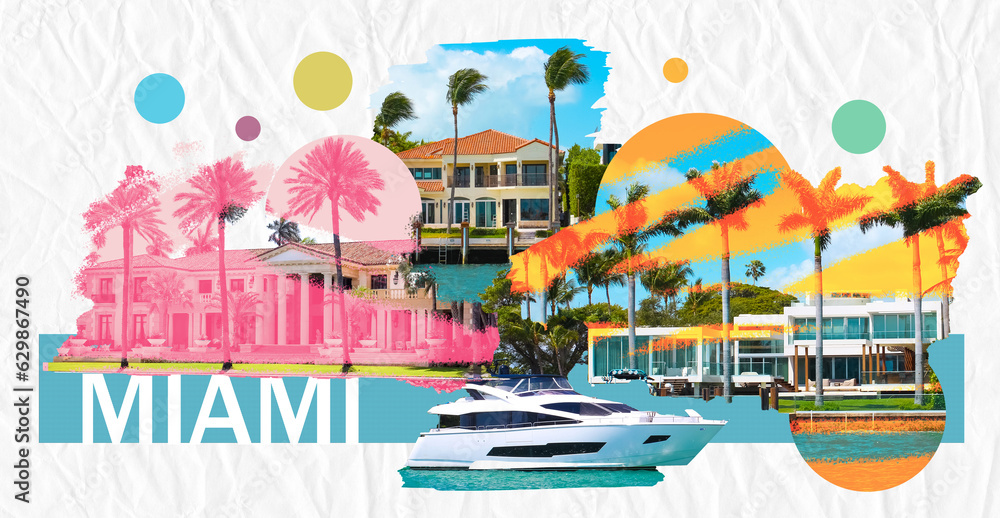 Fototapeta premium Luxurious mansion in Miami Beach, florida, U.S.A Creative contemporary art collage or design.