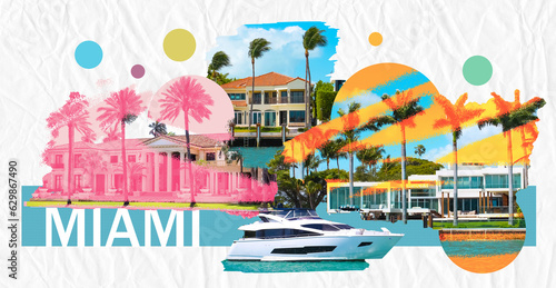 Luxurious mansion in Miami Beach, florida, U.S.A Creative contemporary art collage or design. © Solarisys