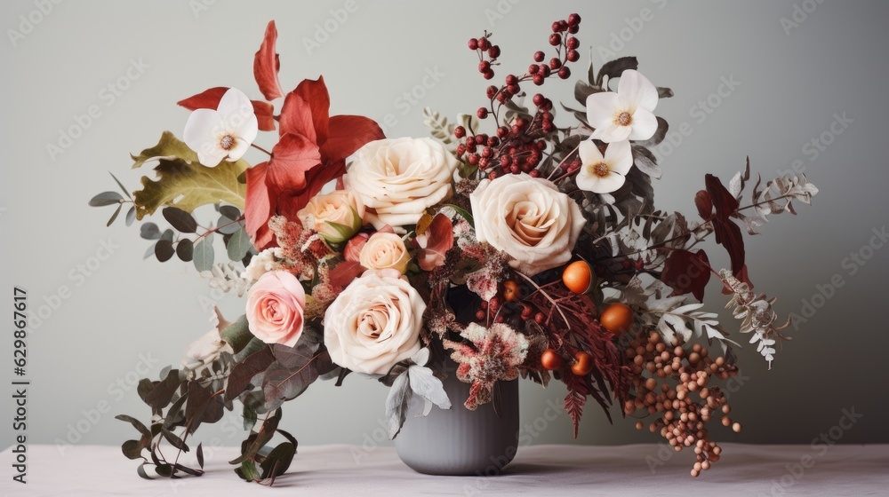 Winter floral bouquet using a unique arrangement of flowers and foliage to create a natural look with winter hues and tones studio setting clean backdrop,  generative ai