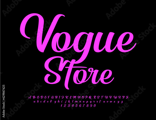 Vector bright logo Vogue Store. Violet Alphabet Letters, Numbers and Symbols set. Elegant Violet Font