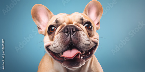 Happy smiling french bulldog puppy dog on simple turquoise background. Copy Space for Text © Luc.Pro