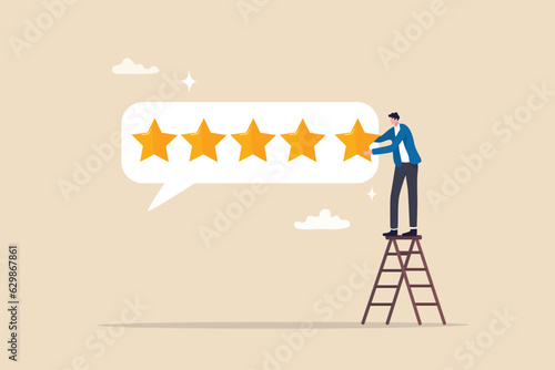 Foto 5 stars rating feedback, customer satisfaction, comment or giving product review, best reputation or ranking, assessment, excellent award concept, customer or client giving five stars feedback review