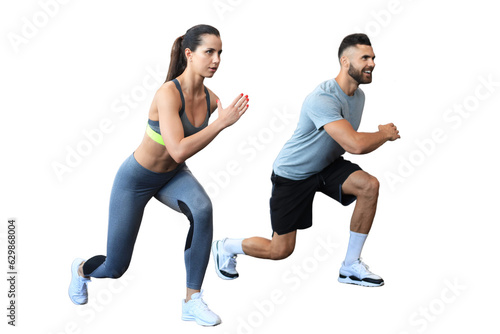 Attractive sport couple doing fitness on a transparent background