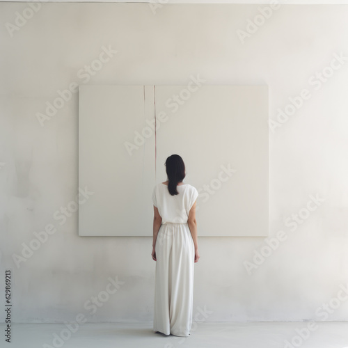 Woman in white clothes standing infront of wall with huge blank canvas. Decoration, gallery, home decor, mock up. AI generative, illustratio