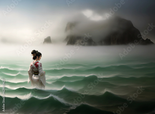 illustrazione con geisha in elegante kinmono in seta bianca che cammina nelle acque di un mare agitato, montagna e nebbia all'orizzonte, cielo cupo photo