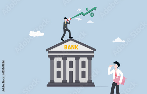 Controlling inflation through raising interest rate, central bank monetary policy to stabilize economy concept, Bank staff announcing interest rate increase to attract more people to deposit money.
