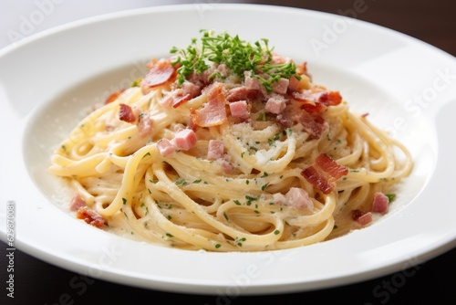 Italian pasta - spaghetti Carbonara pasta with white cream sauce and bacon