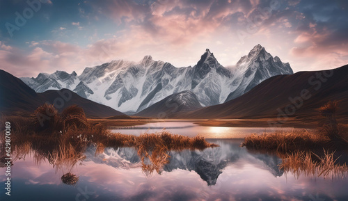 Mountain lake at sunset. Landscape with mountains and reflection in water. Generated by AI