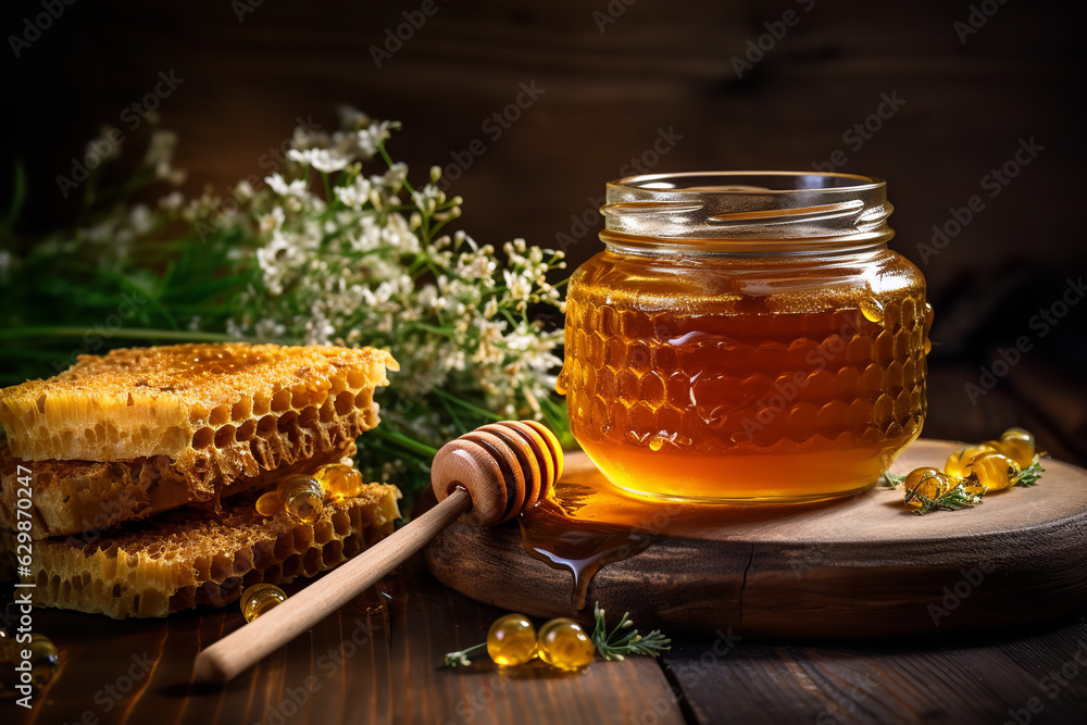 A jar of golden, viscous honey surrounded by fresh honeycomb and wildflowers on a rustic wooden table A jar of golden, viscous honey surrounded by fresh honeycomb and wildflowers on a rustic wooden table