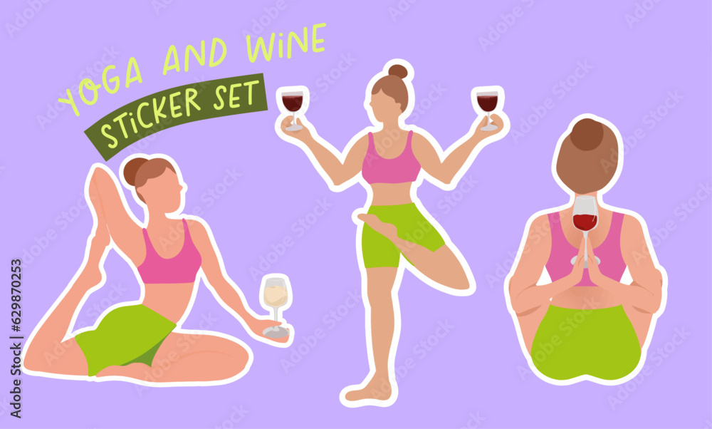 Vector Yoga and Wine set. Girl with wine glass doing yoga, asana, meditation. Funny and colorful vector set for posters, stickers, getting card, banner, invitation Vector Yoga and Wine set. Girl with wine glass doing yoga, asana, meditation. Funny and colorful vector set for posters, stickers, getting card, banner, invitation
