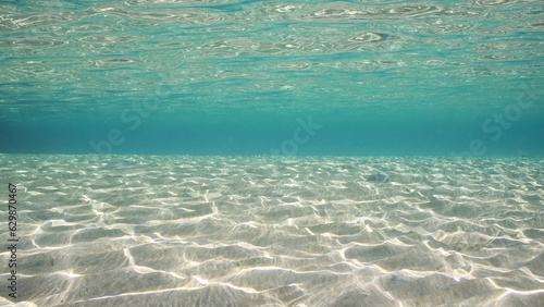 Sandy shallow water in sunburst and glare on seabed sand. Sunlight passes through surface of turquoise water and glares on sandy bottom in shallow water on bright sunny day, Red sea, Egypt