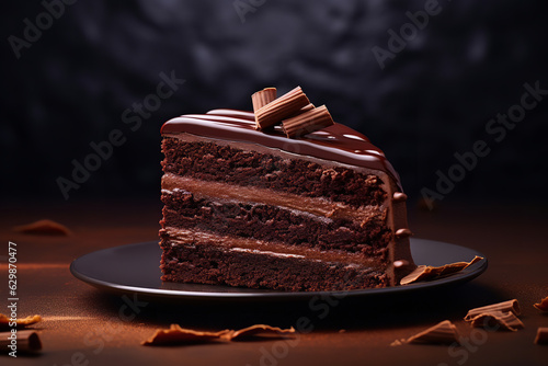 a slice of dark chocolate cake, luxury look, close up, aesthetic,