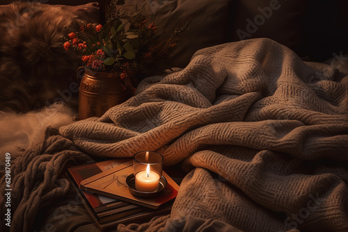 Cozy Night In: A snug flat lay featuring a warm and toasty mug of hot cocoa or chai tea, paired with fluffy blankets and soft pillows. The scene is dimly lit, with fairy lights or a string of candles  photo