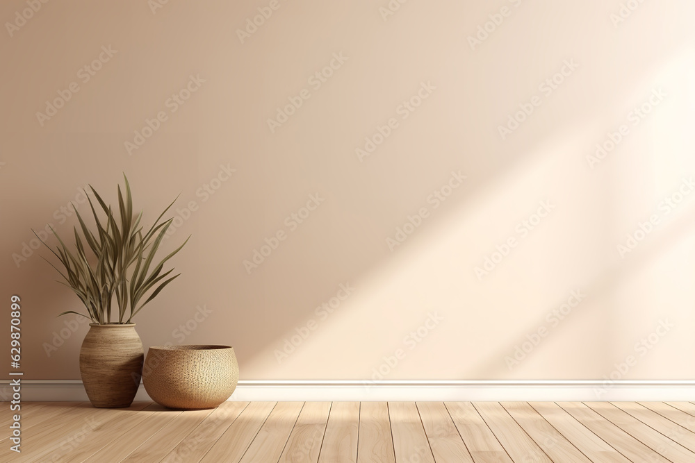 Blank beige brown wall in house with dry plant in wooden basket pot, baseboard on wooden parquet in sunlight for luxury interior design decoration, home appliance product background.3D Rendering Blank beige brown wall in house with dry plant in wooden basket pot, baseboard on wooden parquet in sunlight for luxury interior design decoration, home appliance product background.3D Rendering