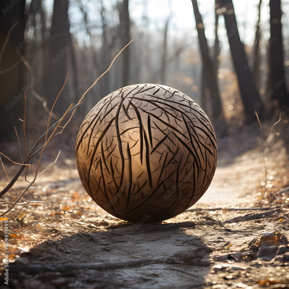 A brown, brittle wooden ball with cracks in the autumn forest