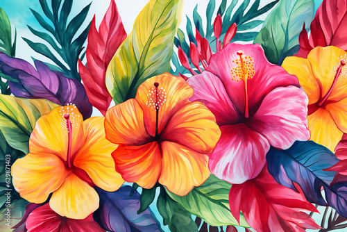 watercolor-style illustration of tropical leaves and hibiscus patterns. Colorful and pop.